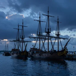 galleons in the port at sunset, blue light, blue tones. by henriette ronner - knip, by william henry hunt, by rembrandt, by joseph mallord william turner, by konstantin razumov, concept art,