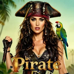 megan fox as a sexy tattooed pirate with a parrot, movie poster, with the text the pirate, amazing detail, 8k resolution