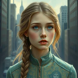 portrait of a beautiful girl, new york backdrop, very sad, pastel shades of light blue and light yellow, beautiful face, rule of thirds, intricate outfit, spotlight, by greg rutkowski, by jeremy mann, by francoise nielly, by van gogh, digital painting