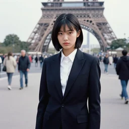 ektachrome, 3 5 mm, highly detailed : incredibly realistic, beautiful portrait photo in style of 1 9 9 0 s frontiers in flight suit cosplay paris street photography, youthful asian demure, perfect features, cool haircut, atheletic agency model, vogue fashion edition