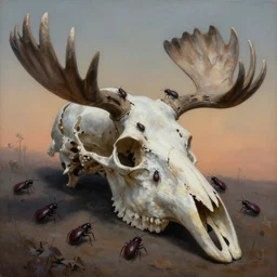 painting of dark red bugs crawling through the cavities of a large moose skull, by zdzislaw beksinski, by dariusz zawadzki, by john jude palencar, gothic, surrealism, cold hue's, warm tone gradient background, concept art, beautiful composition