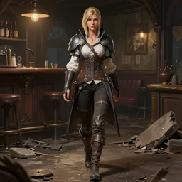 full body character portrait of a female lavellan from dragon age walking through a destroyed dive bar wearing inquisitor clothes, with a realistically proportioned face, realistically rendered face, enhance face, 3 d model, headsculpt, illustration, digital painting, realistic lighting, photorealistic eyes, good value control, realistic shading