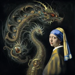 a fractal dragon by james jean, by vermeer