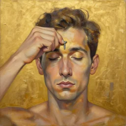 golden abstract painting of a man removing a nail from his third eye