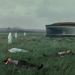grassland farmland, cassette futurism, existential horror, people sleeping, ghosts, atmospheric haze, film. illustration by edward hopper, andrew wyeth. film still, 1 6 mm cinematography
