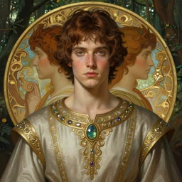 symmetry portrait of welsh brunette prince in mans tunic, glam, fae, short hair, forest background, intricate, elegant, highly detailed, digital painting, artstation, concept art, smooth, sharp focus, illustration, art by artgerm and greg rutkowski and fra angelico and alphons mucha
