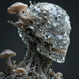 dreamland of chinese, ghost, sharp, slender and densely arranged teeth, dystopian, cyberpunk, organic fractal mycelum and fungi, mecha, halfturn portrait of a big crystal face made of crystals half - turn, ominous, intricate, studio, art by anthony macbain + greg rutkowski + alphonse mucha, concept art, 4 k, sharp focus