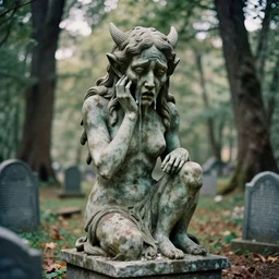 weeping demon statue in graveyard surrounded by beautiful forest, vintage film photo, cgsociety, octane render, trending on artstation, artstationHD, artstationHQ, unreal engin