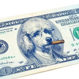 currency design like a dollar bill, blue, with the design of an apricot poodle dog with a cigar and glasses printed on currency paper, currency symbols printed, highly detailed, realistic, octane render, no extra head
