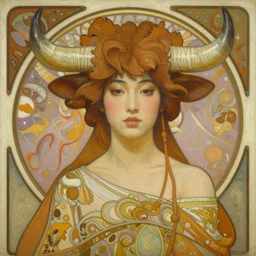female princess, japanese beauty fair skin, venus planet imagery, longhorn bull, digital oil painting by artgerm, greg rutkowski, mucha, portrait | art nouveau. d & d. ornate intricate detail, complimentary earth tones. sharp edges. clear detailed. 8 k. elegance
