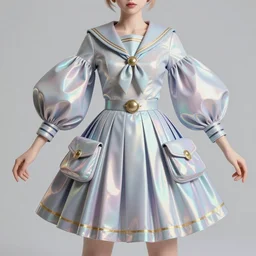 designer magical girl figure collection haute couture, sailor uniform, midi skirt, coat pleats, synthetic curves striking pose, ball shaped accordion sleeve, dynamic folds, cute huge pockets hardware, volume flutter, youthful, modeled by modern designer bust, body fit, award fashion, holographic tones, expert composition, high detail, professional retouch, editorial photography