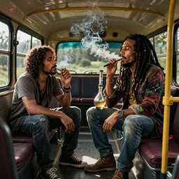 Ross Parks smoking the bong sitting on the back of the bus next to Bob Marley, passing the bong; smoke out; cinema film; art direction; dramatic Studio lighting by John Gaeta