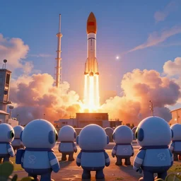 a crowd of kerbals from kerbal space program watching a rocket launch at sunset, cgi, cgsociety, 4 k, 8 k