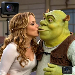 shrek kissing jennifer lopez, realistic, cctv chest cam, ultra detailed, 😂🎉💩💨