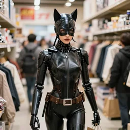 high quality presentation photo of an evil robot anthropomorphic catwoman shopping in japan, photography 4k f1.8 anamorphic bokeh 4k Canon Nikon