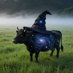 a detailed picture of stars and a nebula shaped like a cow in a grassy field wearing a witch hat, cow wearing hat!!! viewed in profile and far away, fog in the background, ultrawide lens, aerial photography, black and blue color scheme with gold highlights, art by miyazaki and rembrandt, artstation, 8 k