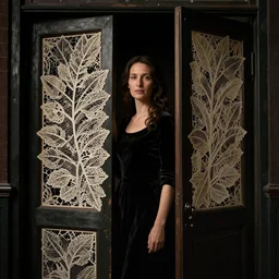 a woman standing in a doorway, made of intricate decorative lace leaf, in the style of the dutch masters and gregory crewdson, dark and moody