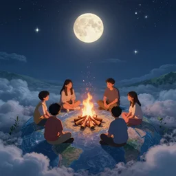 angles in heaven looking down onto 6 people around a campfire on earth, dreamy