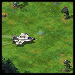 next to a small fighter spacecraft, on an alien grassland, from a space themed point and click 2 d graphic adventure game, set design inspired slightly by hg giger, art inspired by thomas kinkade