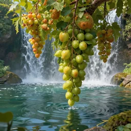 close up of low hanging fruits over a pond, waterfalls, by james gurney, low angle shot, concept art, intricate, hyper detailed, volumetric lighting, sharp focus, octane render, trending on artstation, 8 k