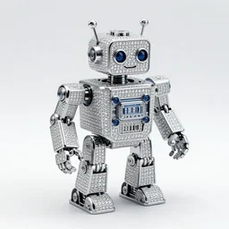 a realistic photo of an intricate miniature robot made of chrome and diamonds