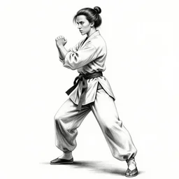 scarlett johansson as kung - fu master, baki anime style, realistic black and white, pencil and ink, dramatic lighting, full body profile