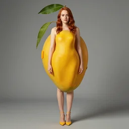 emma stone, with a mango fruit instead of her body, fused together, emma is wearing a mango costume, full shot photo, photoshopped, giuseppe arcimboldo