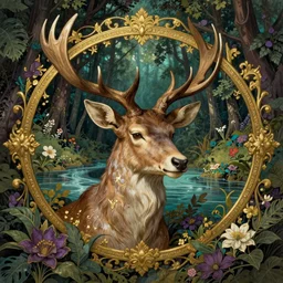 portrait of a young male faun, lush forest, river, flowers, turquoise, dark purple, gold, detailed, ornate, octane render, rossdraws, tom bagshaw, ross tran, charlie bowater, greg rutkowski, ruan jia, alphonse mucha, 1 6 k, warm lighting, character illustration, headroom