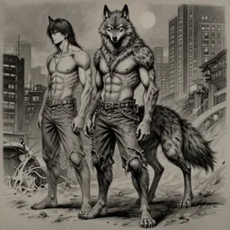 full body detailed portrait werewolf by yusuke murata and masakazu katsura, artstation, highly - detailed, worn pants, short pants, cgsociety, pencil and ink, city in the background, dark colors, unreal engine, intricate details