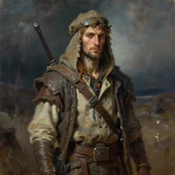 portrait of a post - apocalyptic nomad, by jacques - louis david, by greg rutkowski, by zdzisław beksinski, by josep tapiro baro, trending on artstation, featured on pixiv, masterpiece, oil on canvas, cinematic composition, dynamic beautiful lighting,