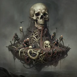 airbrush & oils of 4 character, tiered disgusting, floating sewer raft, sewer adventure desolate hell, made of bones, dystopian, by wayne d barlowe, h r giger, simon bisley, alex nino, boris vallejo, enric torres, hyper realism, narrative light, muted colors, epic, hyper detailed, awe inspiring, award winning horror, - n 4