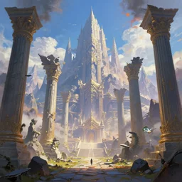 epic intrincated fantasy landscape, vibrant color scheme, atmospheric perspective, large destroyed giant colums, temple of the gods, pointy risks mountains, in the style of peter mohrbacher and greg rutkowski