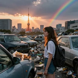 beauty girl with backpack standing at cars looking at food at garbage dump, destroyed cars, city is pure wasteland, moody sunset in tokyo background, rays of sunlights, ( ( ( rainy day, rainbow ) ) ), high details, sharp, photorealism, cinematic, greg rutkowski, alphonse mucha, trending on artstation, artgerm, unreal engine, highly detailed