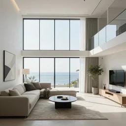 “Modern duplex apartment interior with big windows exceptional view from a Clift to the sea minimalistic award design with innovative furniture”