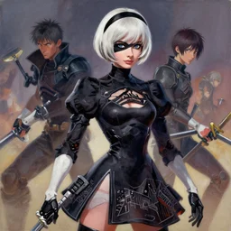 a gouache painting in the style of nier automata, a detailed 3 d render of audrey hepburn as a yorha android, by hikari shimoda, ilya kuvshinov, yoshitaka amano, by shaun tan, by good smile company, cgsociety, artstation, a modular costume and headpiece, action adventure scene