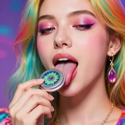 a colorful vibrant closeup portrait of a princess licking a tab of LSD acid on his tongue and dreaming psychedelic hallucinations, by kawase hasui, moebius, Edward Hopper and James Gilleard, Zdzislaw Beksinski, Steven Outram colorful flat surreal design, hd, 8k, artstation