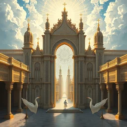 the gates of heaven, beautiful delicacy, flowing arab art deco nouveau brutalist architecture, repeating patterns, tim hildebrandt, wayne barlowe, bruce pennington, donato giancola, trending on artstation, cinematic composition, beautiful lighting, hyper detailed, 8 k, oil on canvas
