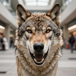 Close up camera footage of a extremely aggressive Feral Dire Wolf with severe late stage rabies in an abandoned shopping mall, Wolf Snarling Directly toward camera, Terrifying :7 , high exposure, dark, monochrome, camera,  grainy, CCTV, security camera footage, timestamp, zoomed in, Feral, fish-eye lens, Rabid, Dire Wolf, Nightmare Fuel, Wolf, Evil, Bite, Motion Blur, horrifying, lunging at camera :4 bloody dead body, blood on floors, windows and walls :5