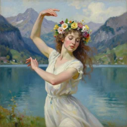 a painting of a young woman with flowers in her hair, she's dancing in front of a beautiful lake in switzerland, mountains on the background, high quality oil painting artstyle, feminine, delicate, hyperdetailed, in the style of anna dittmann, deviantart, figurative art, deviantart, ilya kuvshinov, lovecraftian, very detailed face, portrait