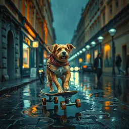 a dog riding a skateboard, in the streets of prague, under the rain, in the style of vincent van gogh