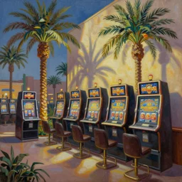 oil paint on canvas, art deco style, palm trees and slot machines in oasis