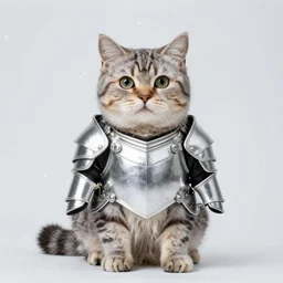 a cat that is wearing a silver suit of armor, high quality photograph, studio lighting