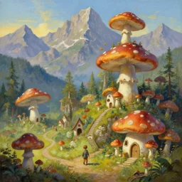 mushroom houses, fantasy world, mountains, painted by sylvain sarrailh, rhads, ferdinand knab, trending on artstation