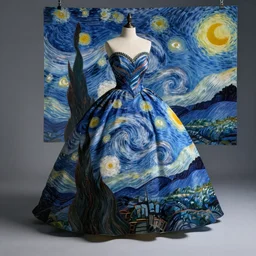A magnificent ball gown with a design inspired by Van Gogh's Starry Night. Studio Lighting