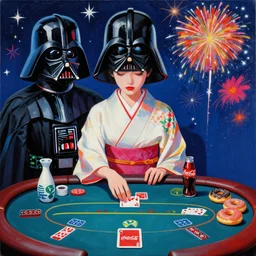 single woman in a japanese kimono sitting at an extremely detailed poker table with the detailed darth vader, sake, coca cola, donuts, on the table, fireworks and stars on the background, by andy warhol, by roy liechtestein, canvas, acrylic paint, cool color palette, masterpiece, 8 k, ultra - hd