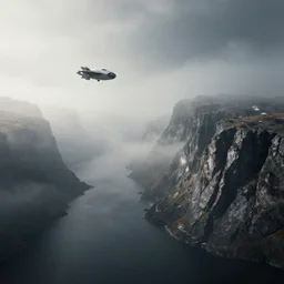 fjords in an alien planet fog and a landing spaceship
