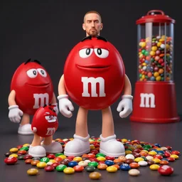 eminem as the red m character standing on a floor coverd with m & m candies, round red m & m figure, m & m mascot, m & m figure, m & m plush, m & m candy dispenser, unreal engine, studio lighting, figurine, unreal engine, volumetric lighting, artstation, cosplay, by hans bellmer