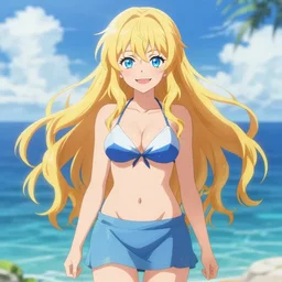 a very beautiful young anime summer girl, full body, long wavy blond hair, sky blue eyes, full round face, evil grin, bikini, miniskirt, front view, mid - shot, highly detailed, cinematic wallpaper by stanley artgerm lau