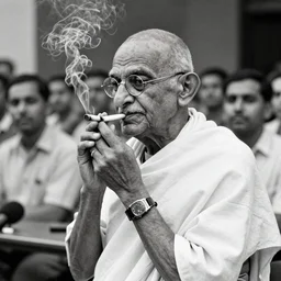 gandhi smoking infront of press in a conference, historic old photograph
