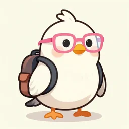 character of a bird wearing a backpack and pink glasses, cartoon style